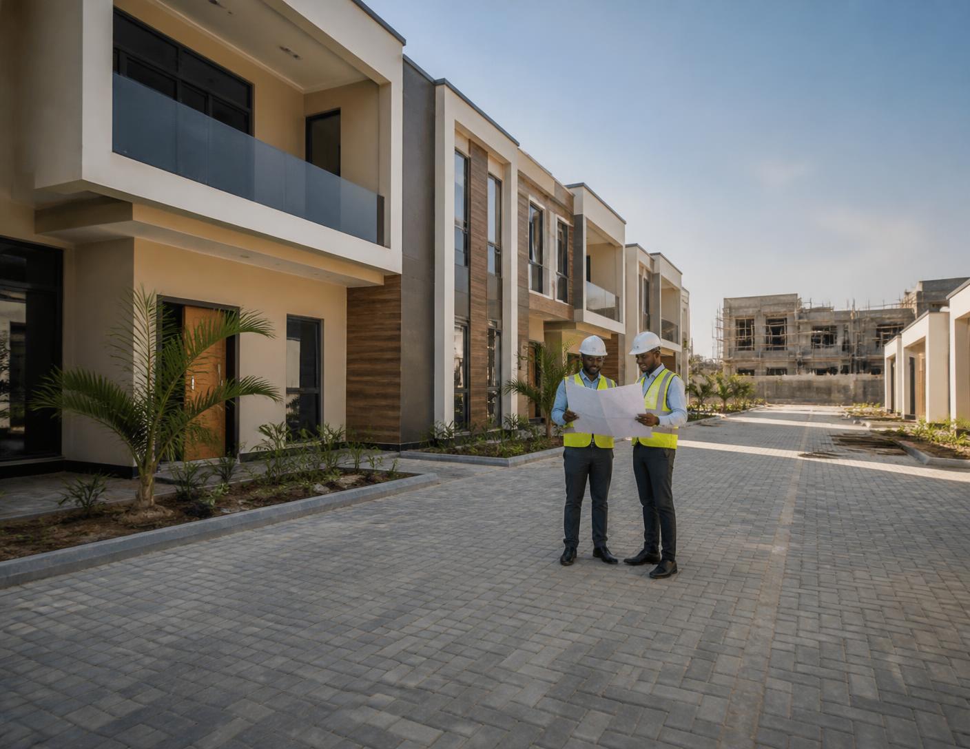 Modern residential terrace under final construction with the project team reviewing plans