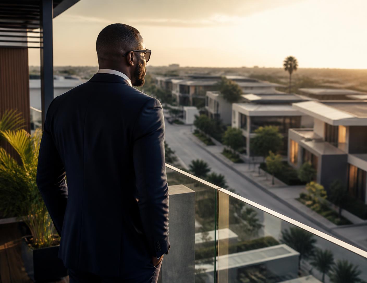 Investor looking out over a newly built residential estate at golden hour