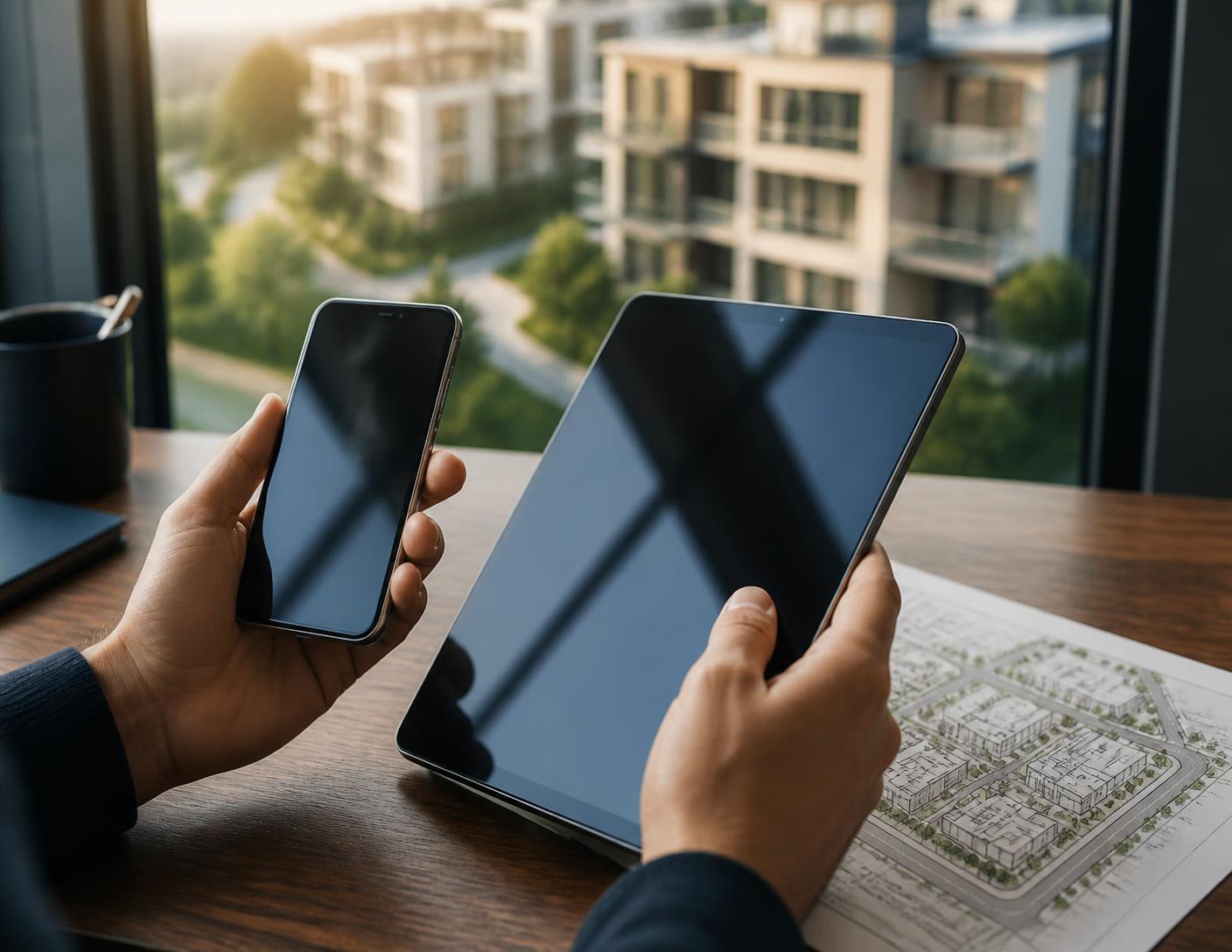 Investor reviewing property plans on a tablet and phone at a desk